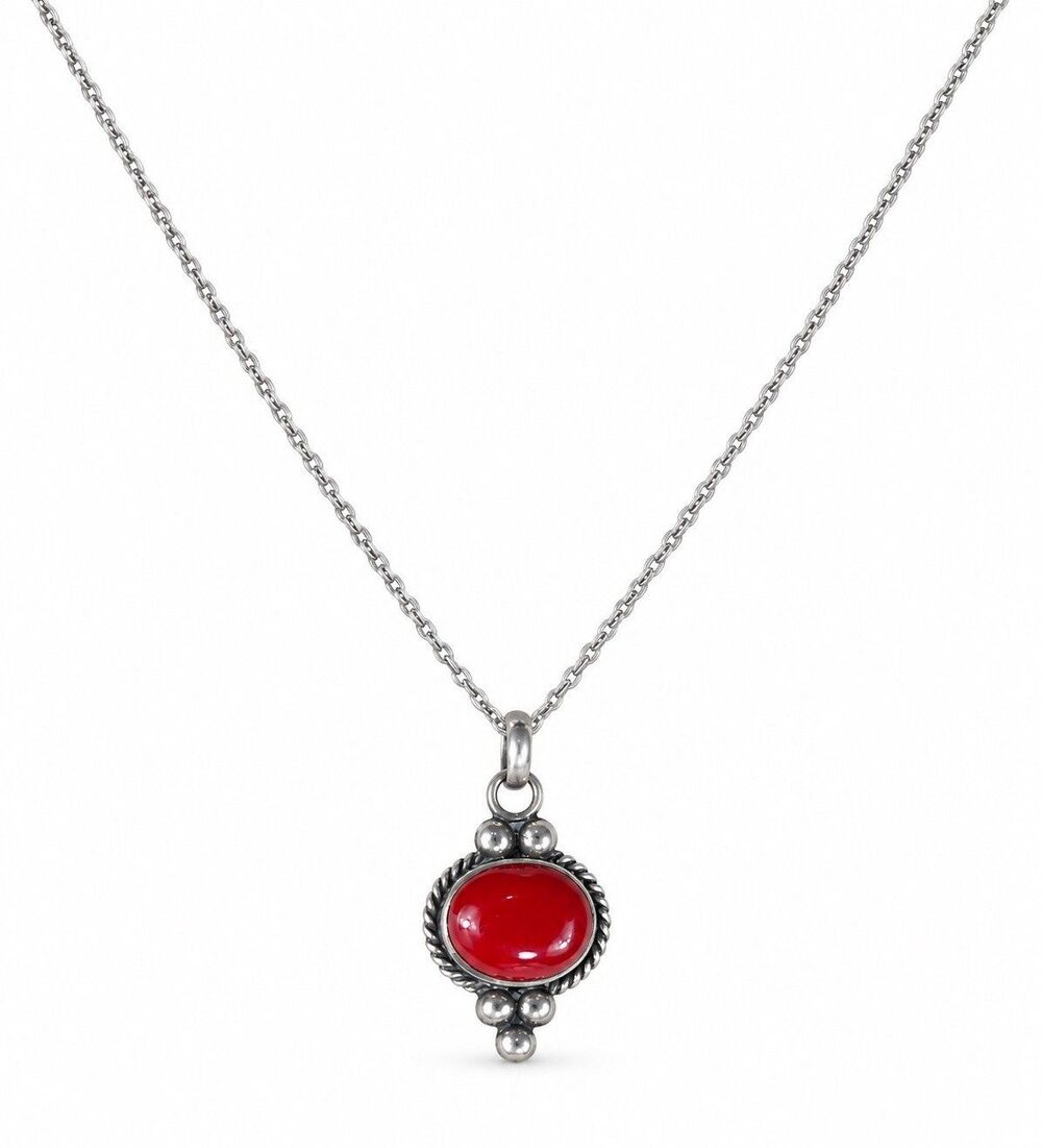 925 Sterling Silver Red Oval Cabochon Pendant Necklace 18in Thailand 4.68g Boho